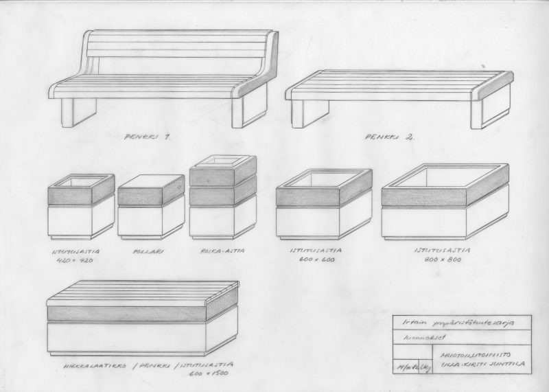 Luonnoksia ympäritötuotesarjan kalusteista.
